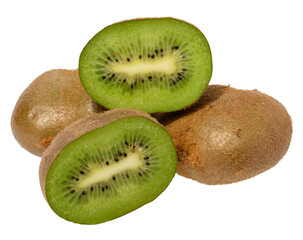 Stack of ripe kiwi fruits with brown fuzzy skin, one fruit sliced to reveal vibrant green flesh...