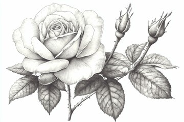 A detailed artistic depiction of a blooming rose flower