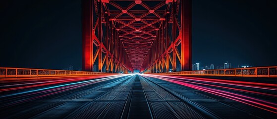 Obraz premium A Red Lit Bridge At Night With Light Streaks Present