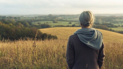 Thoughtful Woman at Edge of Serene Field Overlooking Landscape