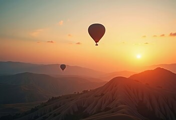 Fototapeta premium Hot air balloons drifting at sunrise over rolling hills, dreamlike adventure