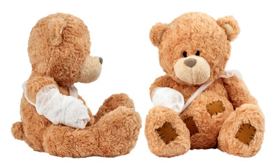 Soft brown teddy bears sitting with bandaged arms and visible stitched patches, symbolizing care,...