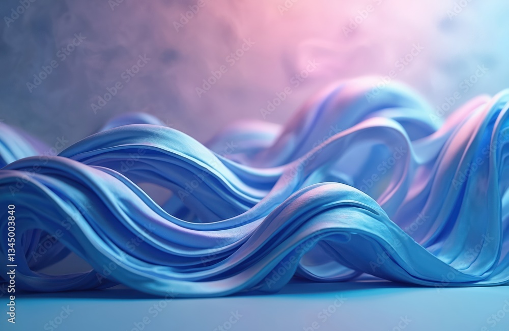 Poster elegant wavy ribbon formations create surreal 3d look. blue, purple gradient background shows colorf