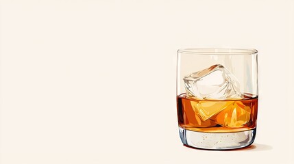   An illustration of a whiskey glass with ice on the rim and a floating cube