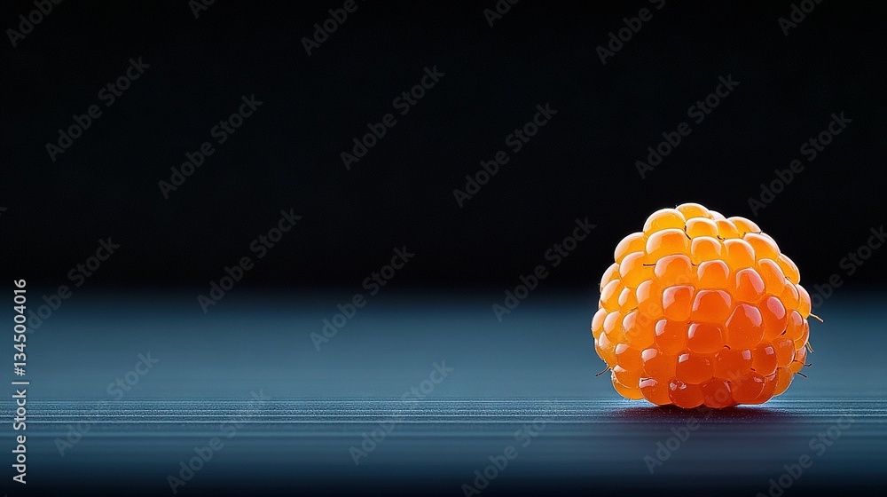 Poster a close-up image of an orange fruit resting on a dark wooden table with a clear reflection in its su