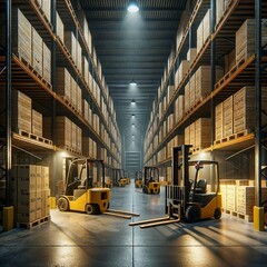 Forklifts efficiently moving goods within a vast, modern warehouse, highlighting streamlined logistics and supply chain management
