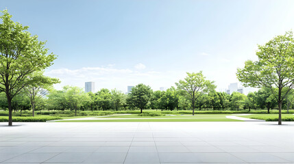 Empty Urban Park With Lush Green Trees And City View