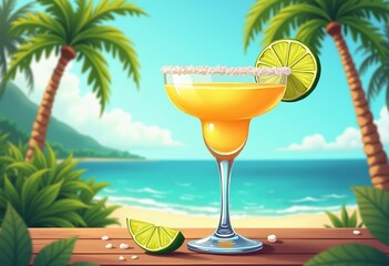 Vibrant margarita glass with lime on tropical beach, summer vibes