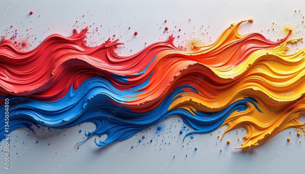 Poster swirling waves of red, yellow, and blue paint dramatically burst across a white surface, creating a 