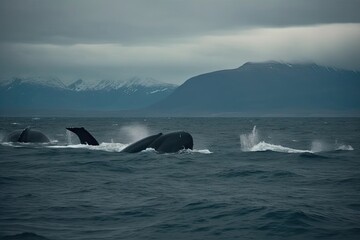 Fototapeta premium Humpback Whales breaching in Alaskan waters