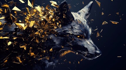 A stylized digital artwork depicting a metallic wolf head