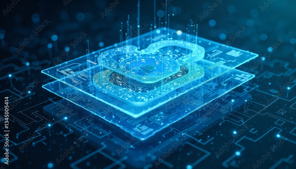 Aufkleber a holographic representation of a padlock encased within a circuit board symbolizes digital security