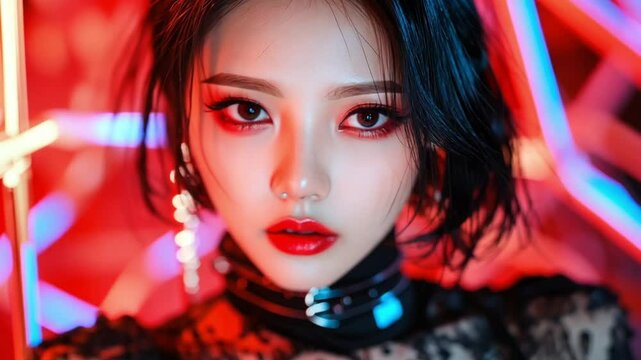 K-Pop Starlet in Neon-Drenched Portrait