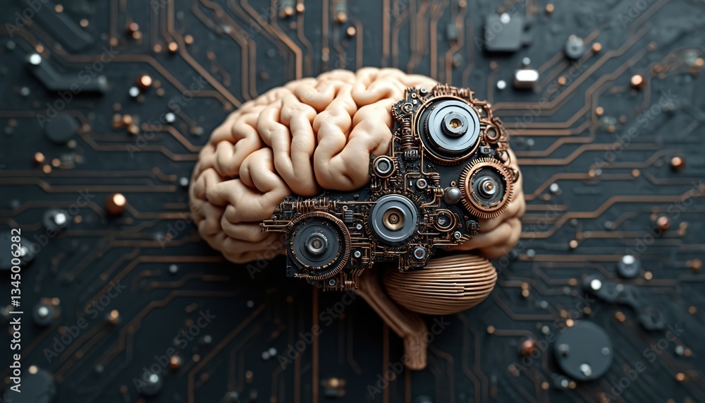 Poster surreal brain integrated with tech, circuitry. artificial intelligence innovation science. digital n