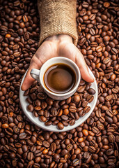 Hot Espresso with Rich Crema and Coffee Beans
