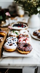 Assorted colorful donuts on marble table with sprinkles and glaze in cozy cafe setting