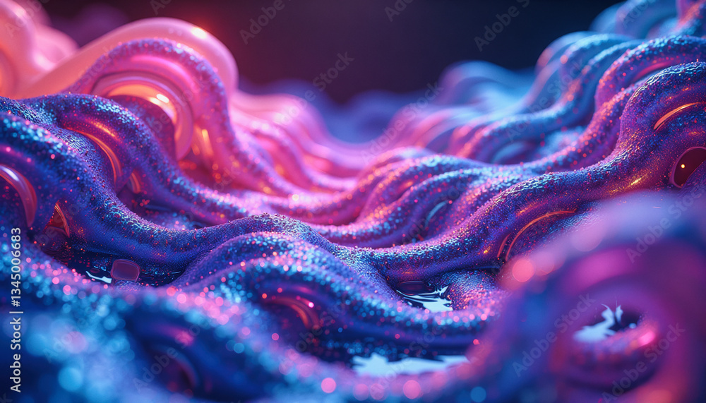 Poster iridescent, swirling textures intertwine in a mesmerizing display of bioluminescent blues and vibran