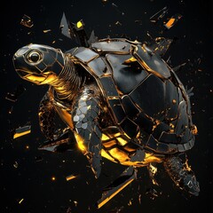 Fototapeta premium An artistic abstract representation of a metallic turtle emerging from darkness