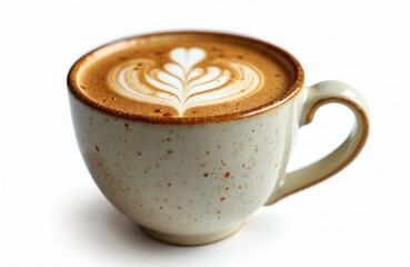 Close-up of cappuccino with latte art on white background. Hot drink in speckled mug with milk foam. Delicious espresso beverage served in cafe or coffee shop.