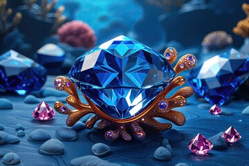 Stunning 3D Gemstones in Vibrant Cobalt Ocean Setting