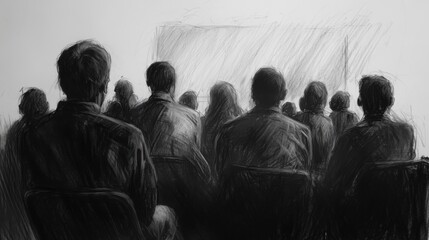 Obraz premium Charcoal drawing of a diverse group participating in an online learning session, captured in dramatic diagonals
