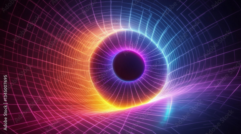 Poster abstract digital vortex with vibrant colors and glowing lines, creating a sense of depth and motion