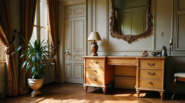 Elegant Wooden Dresser with a Mirror in a Vintage Room
