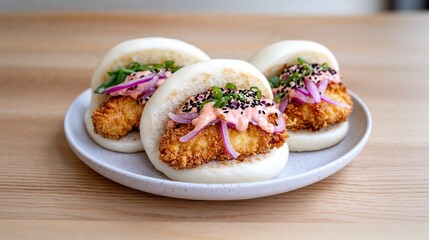 Fresh bao buns filled with crispy chicken and toppings on a plate  