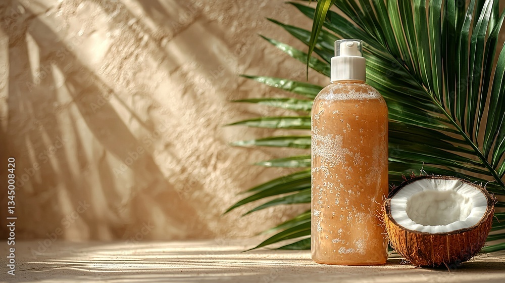 Poster close-up of lotion bottle with coconut and palm tree backdrop on table
