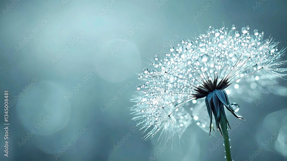 Poster macro shot of dewdrops on a dandelion in soft blurred background