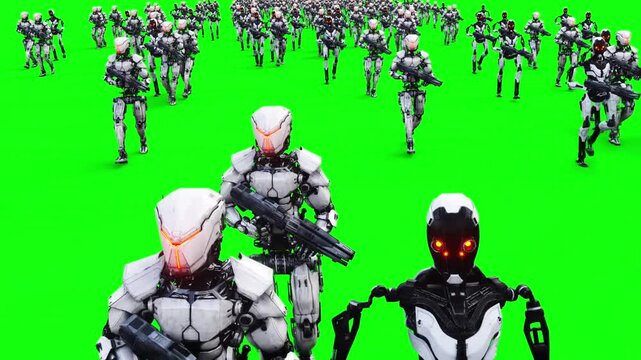a crowd of walking robots with weapons. green screen. Apocalyptic concept