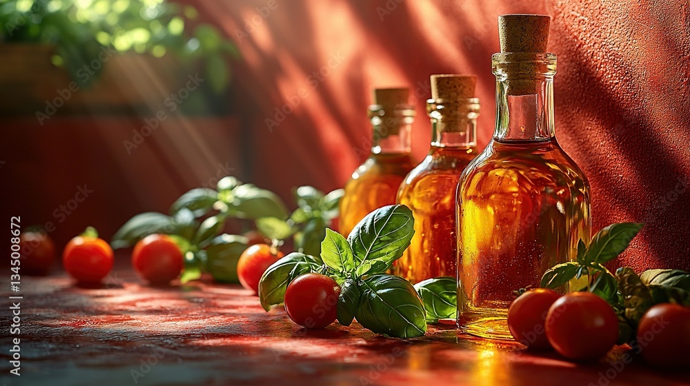 Poster bottles of tomatoes and basil line a table