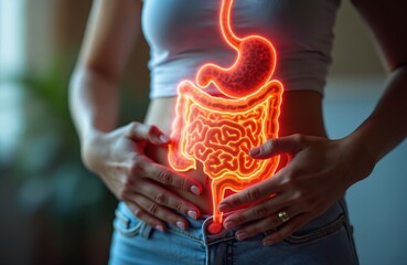 Woman holds bright glowing model of digestive system. Probiotic supplements maintain digestive health, nutrient absorption, overall digestive well-being, immune support. Gastrointestinal tract