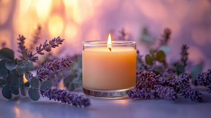   A lit candle placed atop a table with purple flowers on a purple cloth