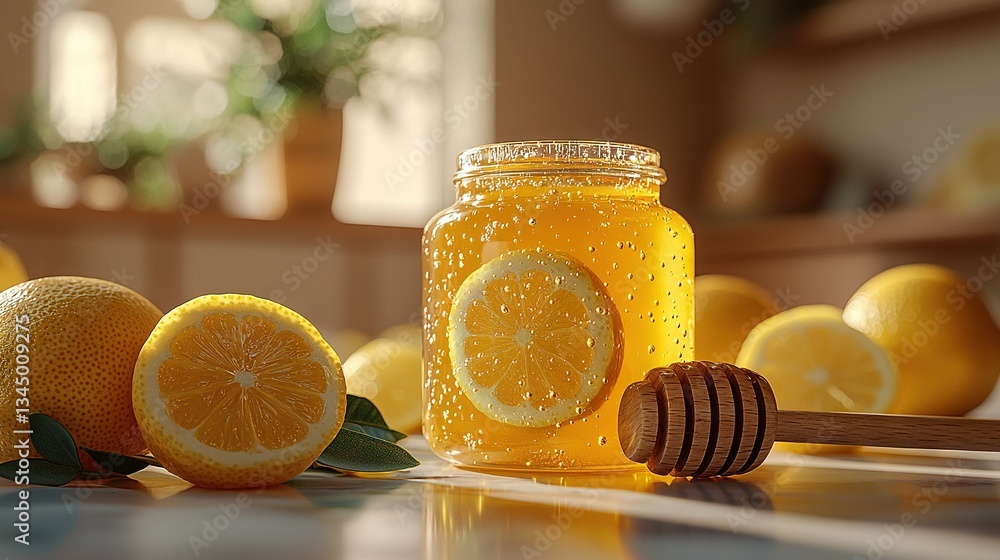 Poster a jar of honey with lemons and a honeycomb on a table next to lemons and honeycombs