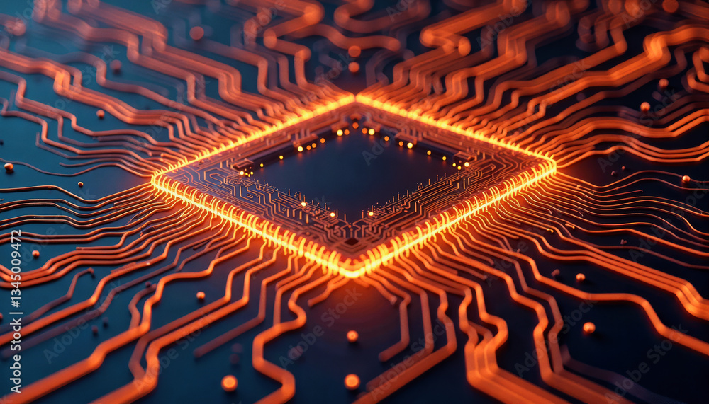 Poster glowing circuitry illuminates a central processor chip against a dark, intricate network of intercon