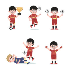 Cute Chinese Boy with Glasses cartoon Character Playing Football