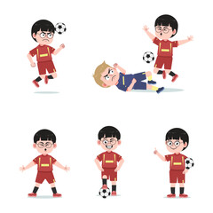 Cute Chinese Boy with Glasses cartoon Character Playing Football