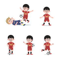 Cute Chinese Boy with Glasses cartoon Character Playing Football
