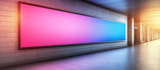 A long hallway with a large digital display of color gradients