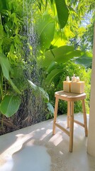 Wooden Table Tropical Garden Sunlight Peaceful Nature