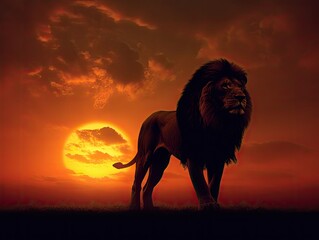 Naklejka premium Majestic lion silhouette at sunset savanna