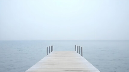 Obraz premium Wooden Pier Extending Over Still Water Towards Horizon Under Overcast Sky