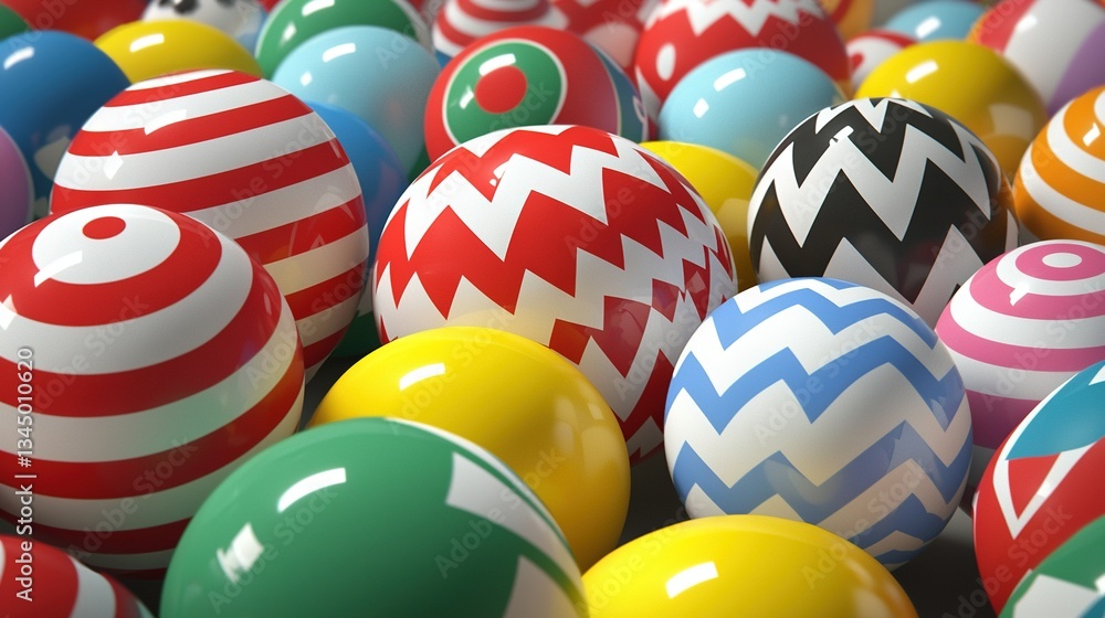 Poster a close-up of colorful and uniquely designed balls arranged in a repeating pattern