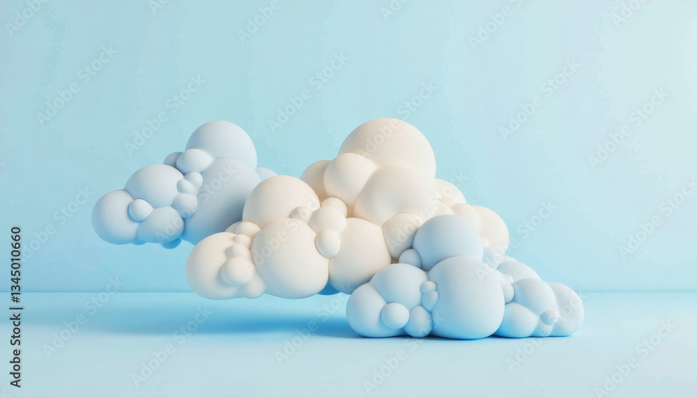Poster a cluster of soft, white spheres forms a cloud-like shape against a light blue background. graphical