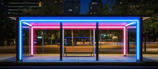 Obraz premium Illuminated bus shelter featuring colored neon lights at night