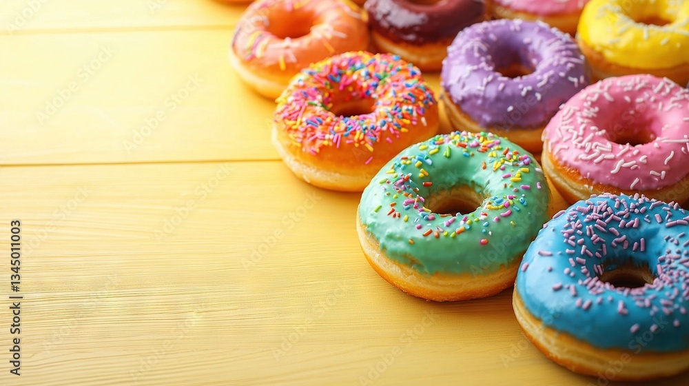 Poster a table with several doughnuts adorned with sprinkles on top of them