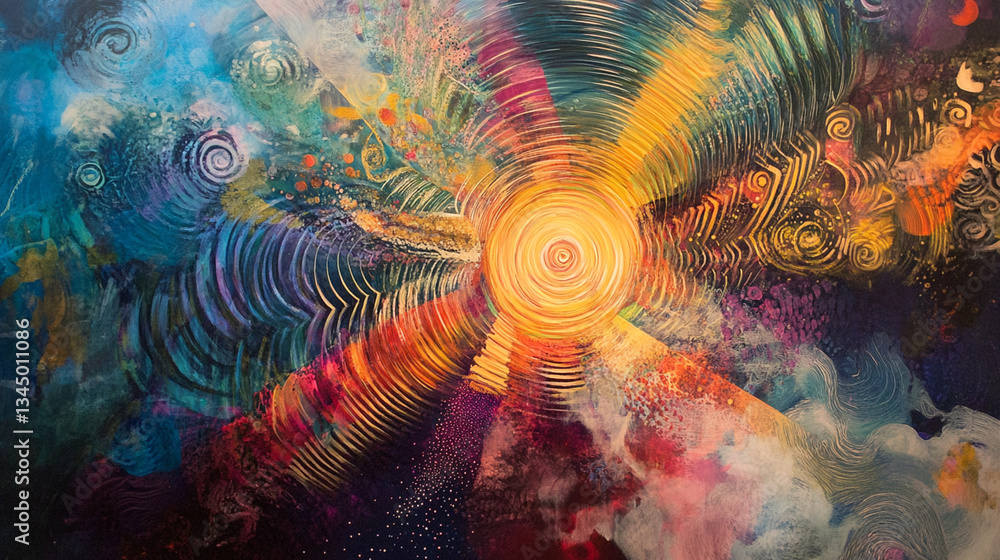 Poster vibrant abstract artwork depicting swirling colors and patterns radiating from a central light sourc
