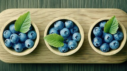   Three bowls of blueberries sit on a wooden table One bowl is full, two are empty A green leaf rests atop the first bowl