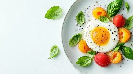   White plate with eggs, tomatoes, and spinach leaves